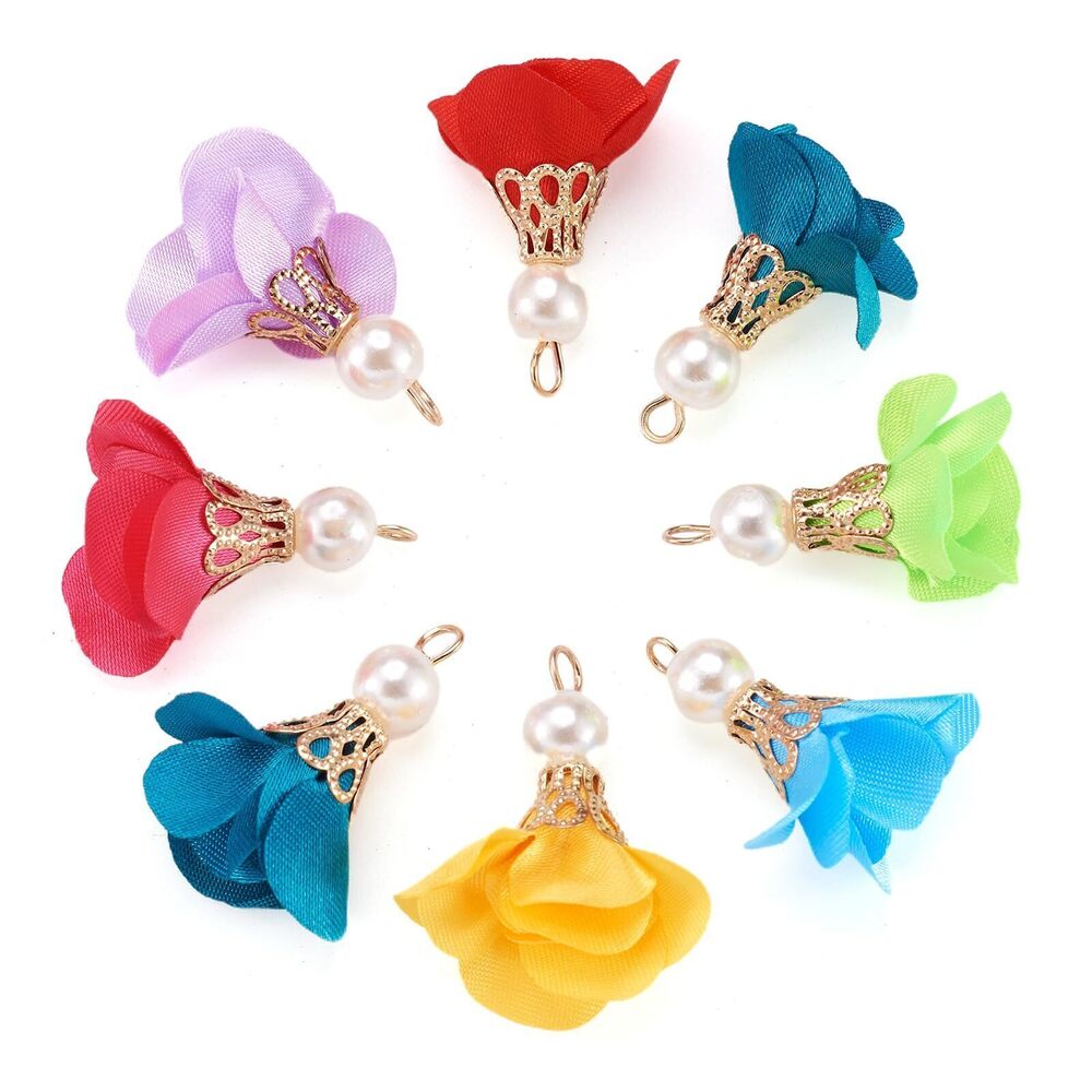 5112 200pcs Cloth Fabric Flower Pendants Acrylic Pearl Floral Petal Tassel